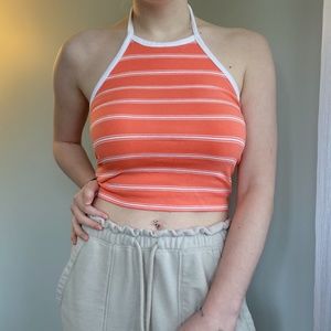 Peach pink Aeropostale halter crop top, striped, size XS